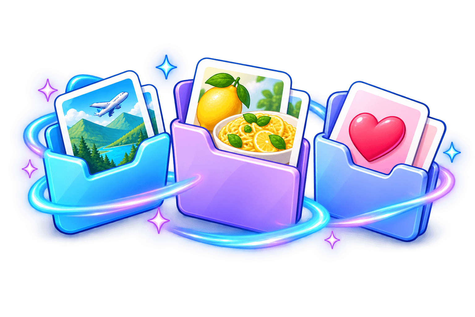 Recipe, travel, and favorite screenshots tucked into colorful folders