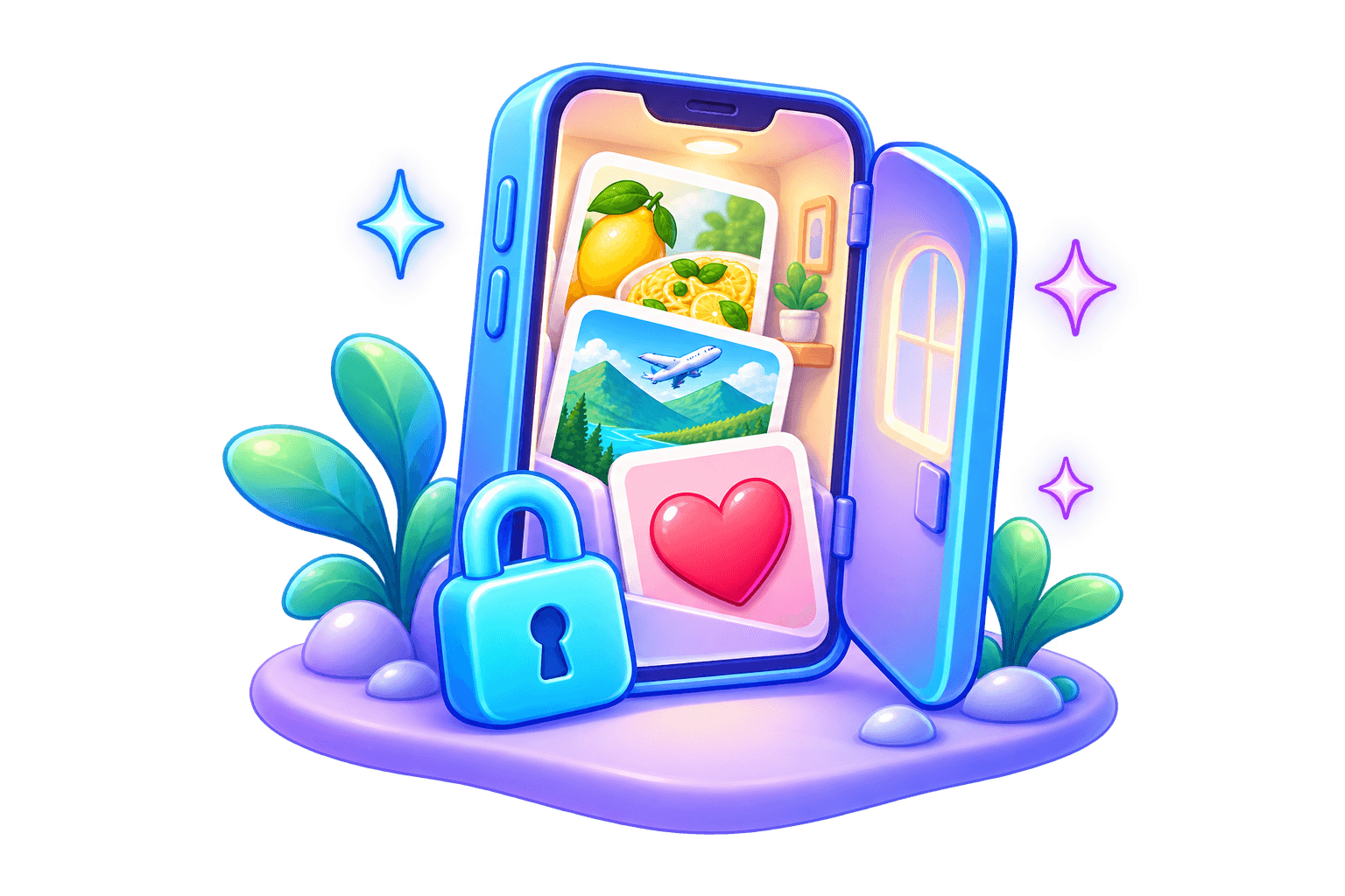 Recipe, travel, and favorite screenshot cards tucked into a cozy phone-shaped home