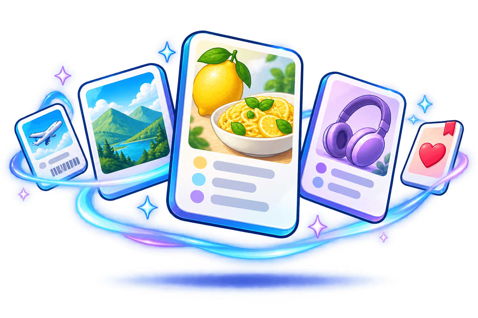 Recipe, travel, and shopping screenshots coming together in a swirl of color